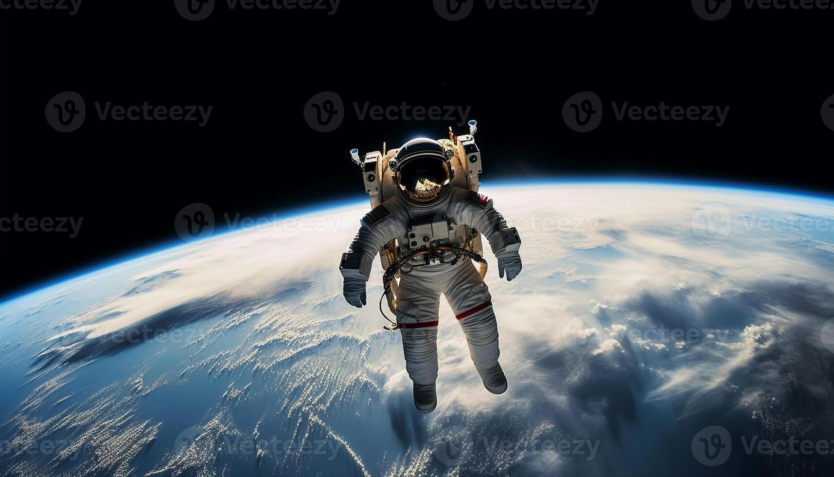 futurista astronauta órbitas planeta en astronave, vigilando naturaleza a noche generado por ai foto