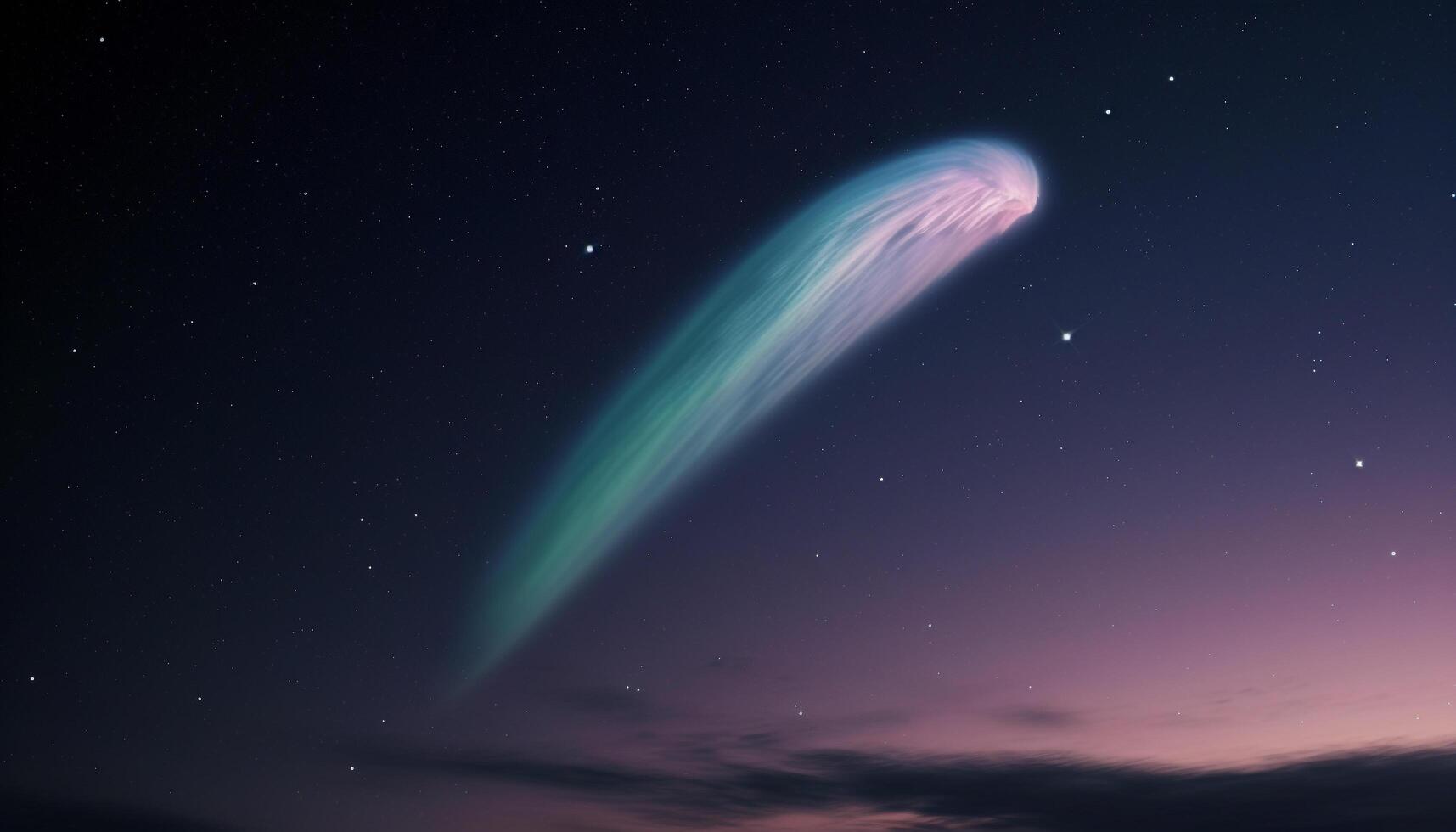 Galactic night sky illuminates mountain landscape in mysterious star trail generated by AI photo