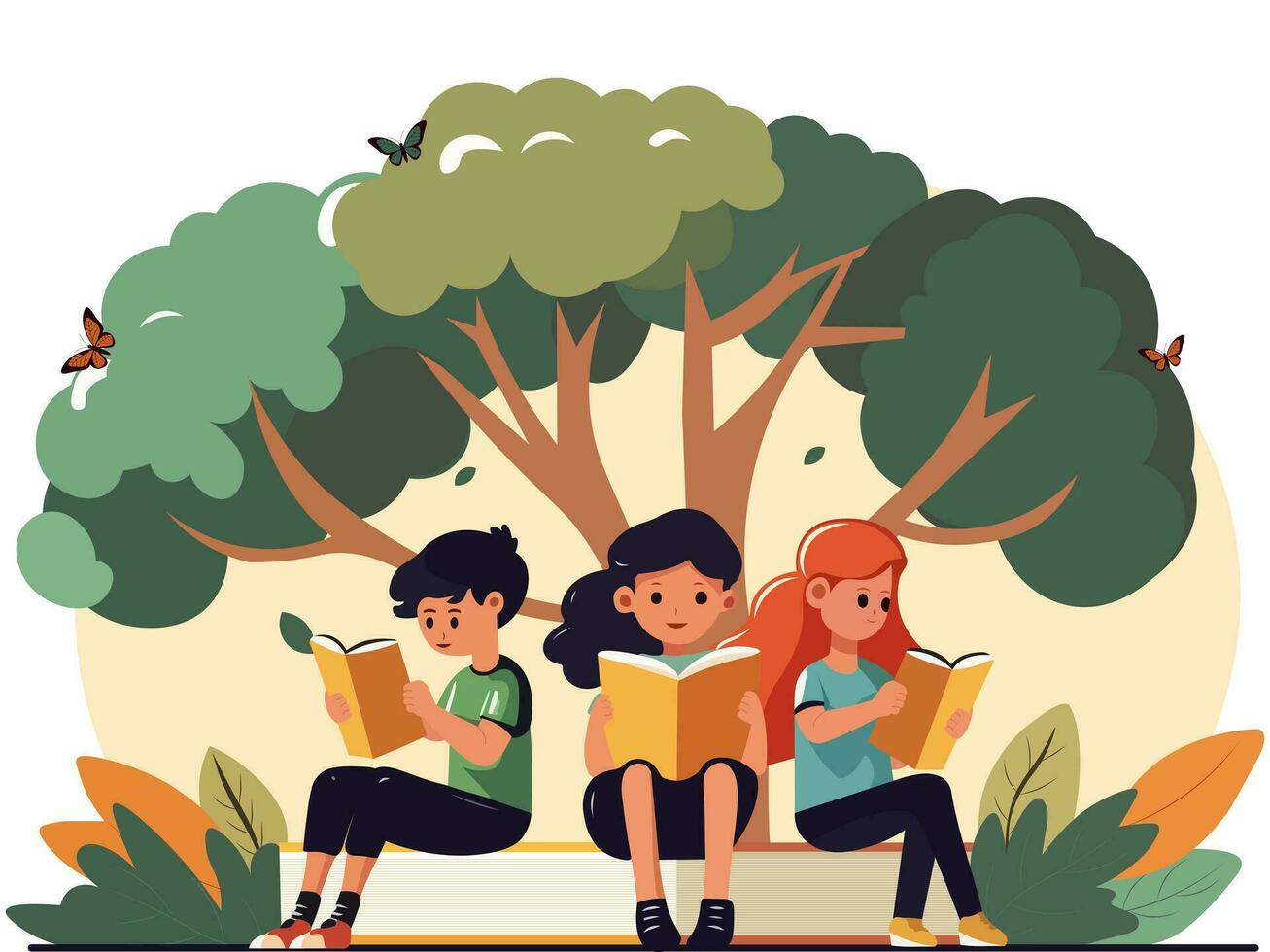 Children Characters Reading Books Under The Tree And Butterflies In Nature View. vector