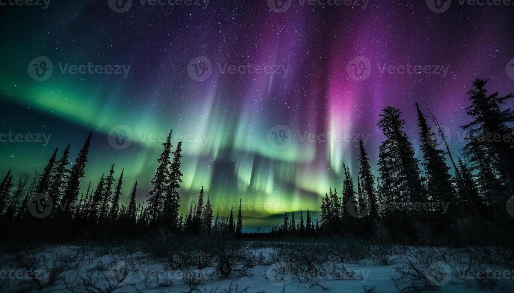 Majestic mountain range illuminated by multi colored star field in winter generated by AI photo