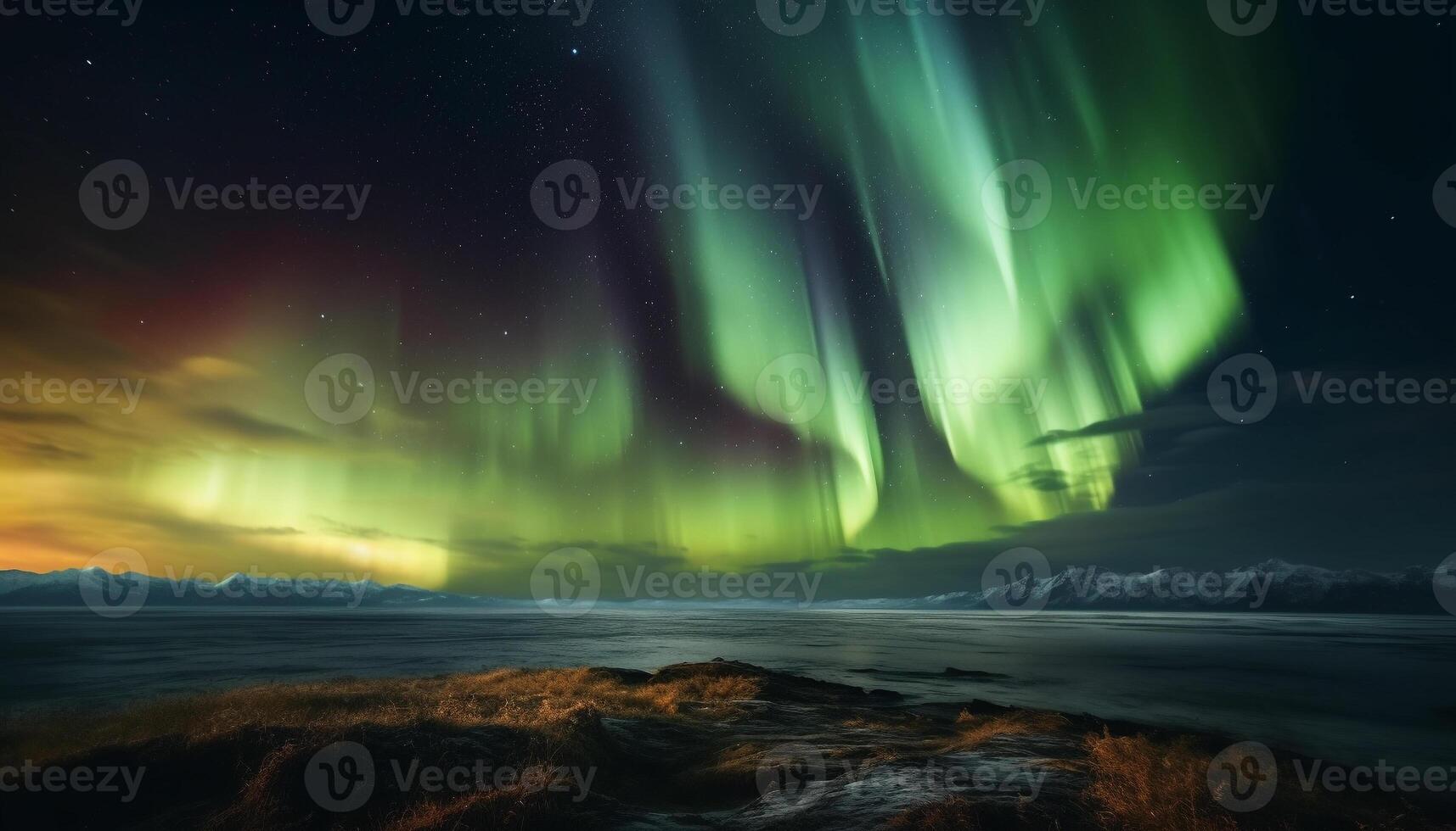 Majestic mountain range illuminated by aurora polaris in winter night generated by AI photo