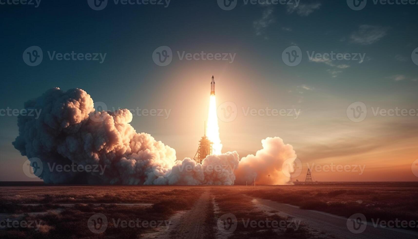 Rocket flame explodes in the sky, polluting the atmosphere generated by AI photo
