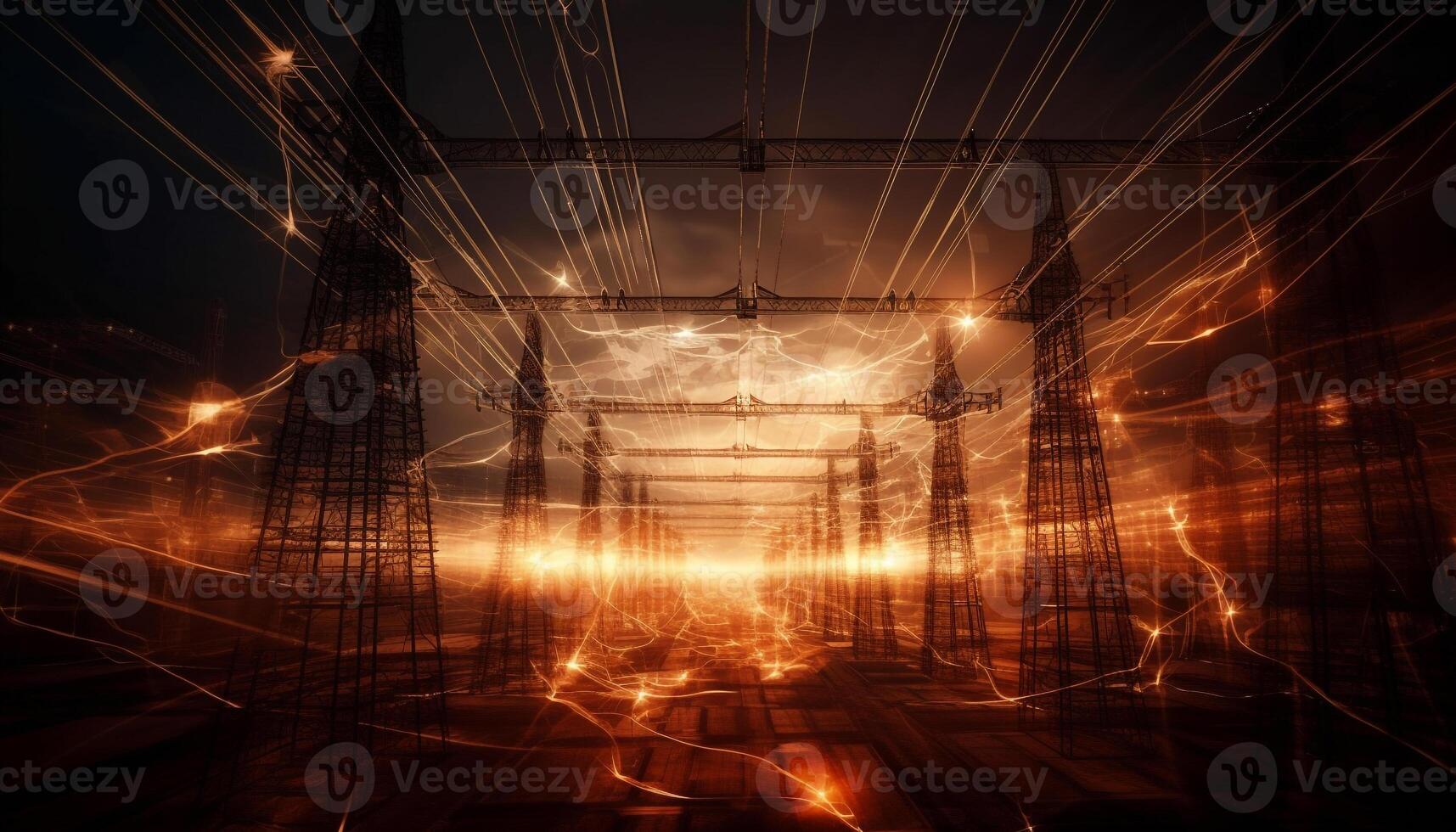 The futuristic power grid illuminates the dark night with electricity generated by AI photo