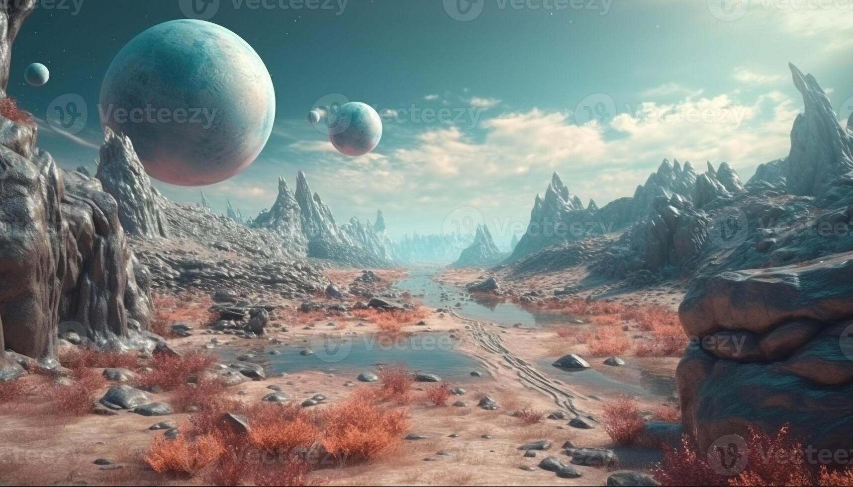 Futuristic spaceship orbits alien planet in galaxy mysterious atmosphere generated by AI photo