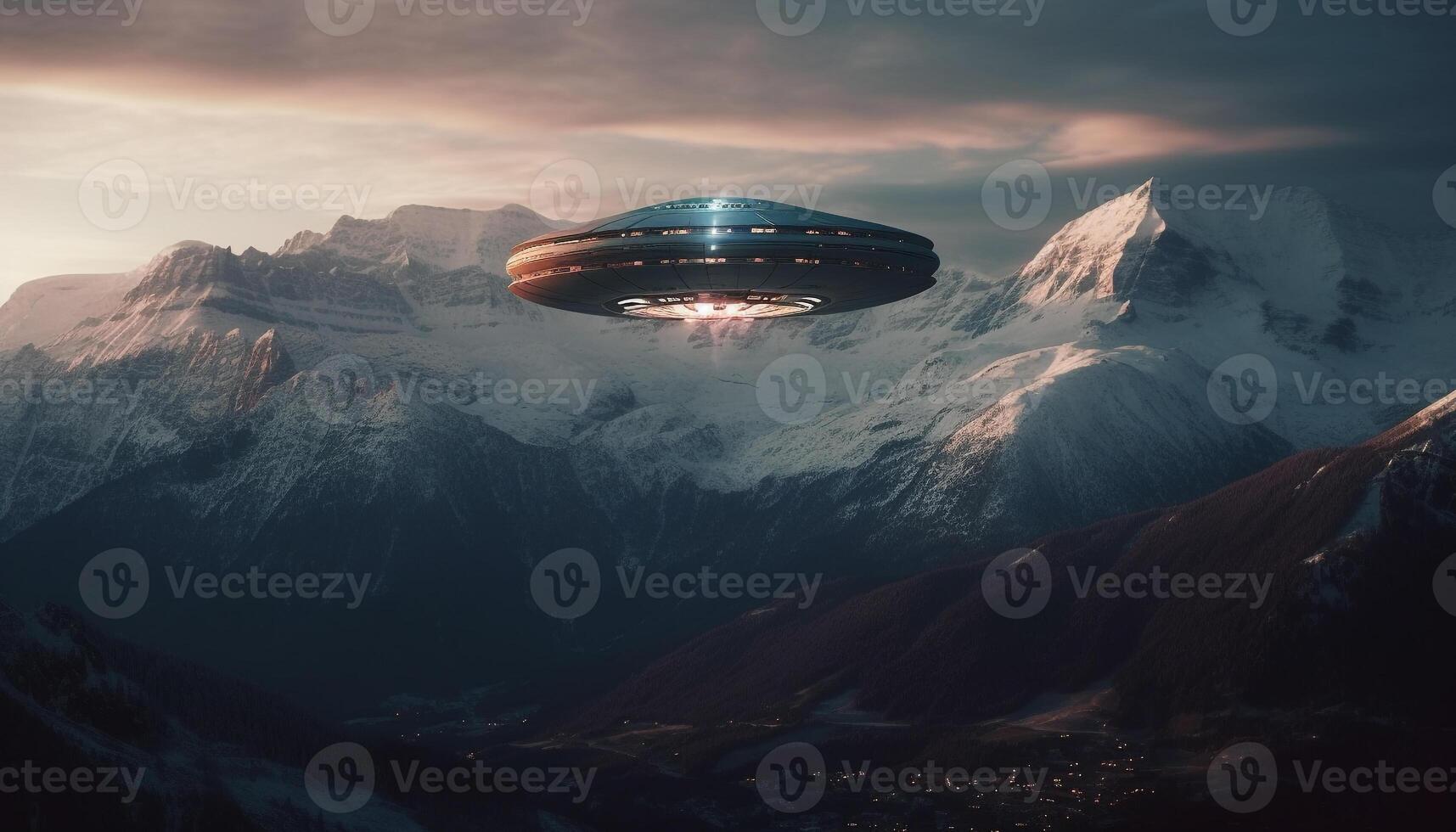 Futuristic spaceship levitates over majestic mountain range, discovering alien landscape generated by AI photo