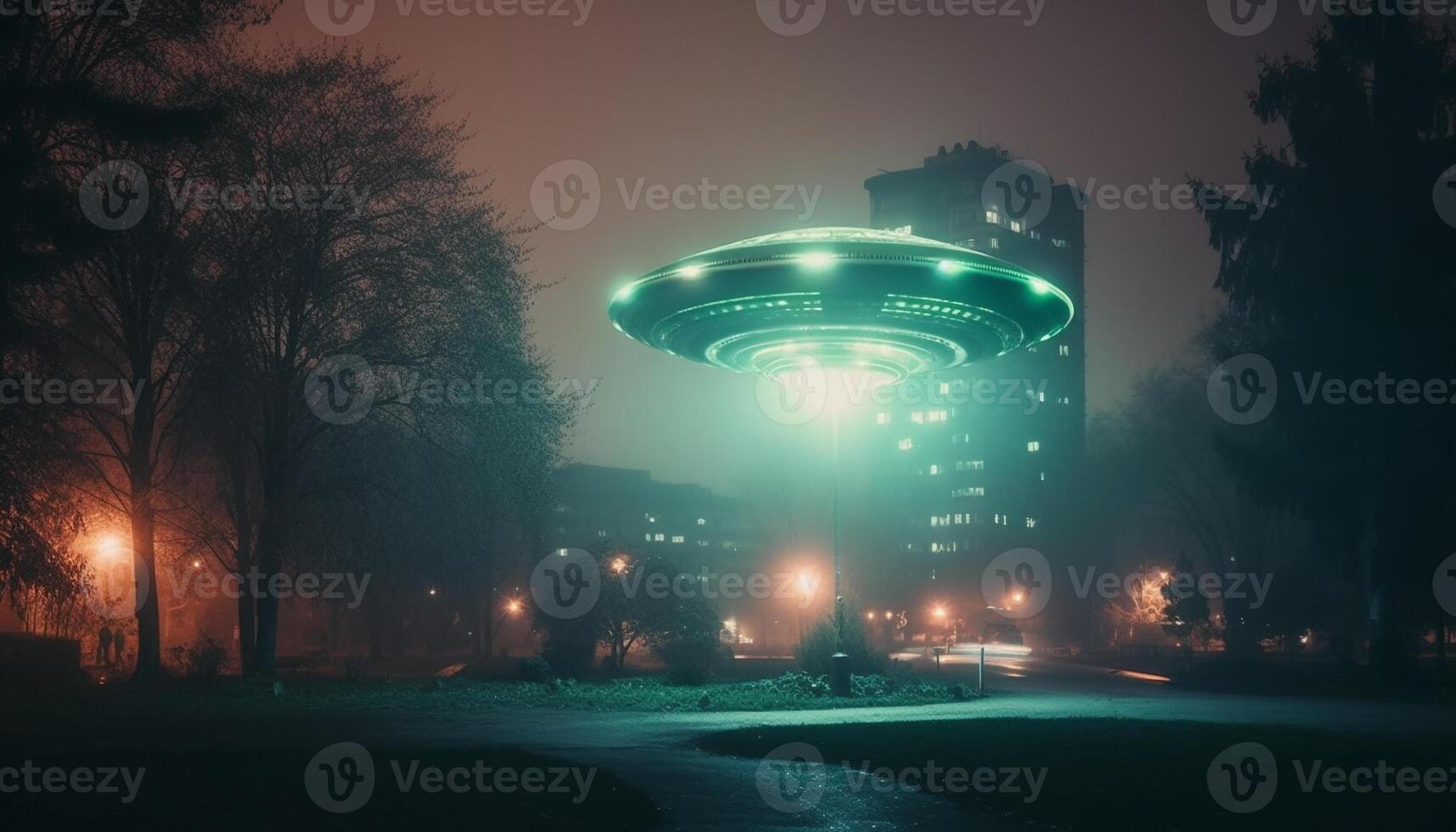 Flying spaceship illuminates spooky forest, creating futuristic horror atmosphere generated by AI photo