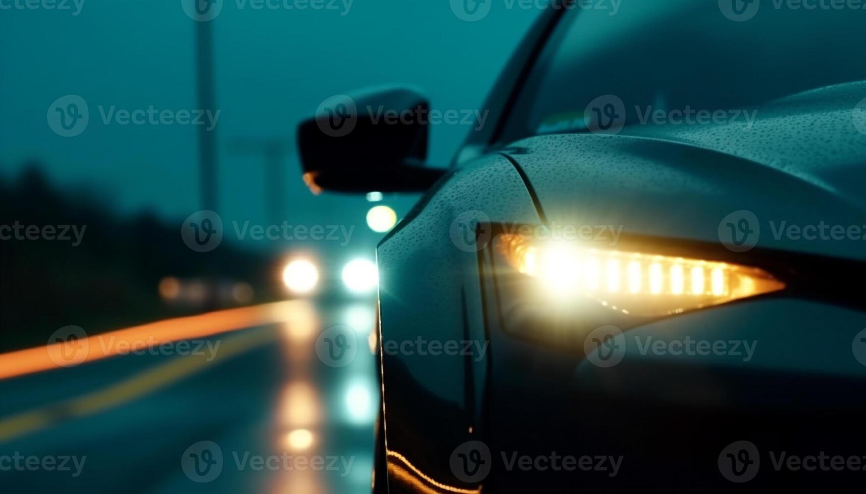 Sports car speeds through traffic on multiple lane highway at dusk generated by AI photo