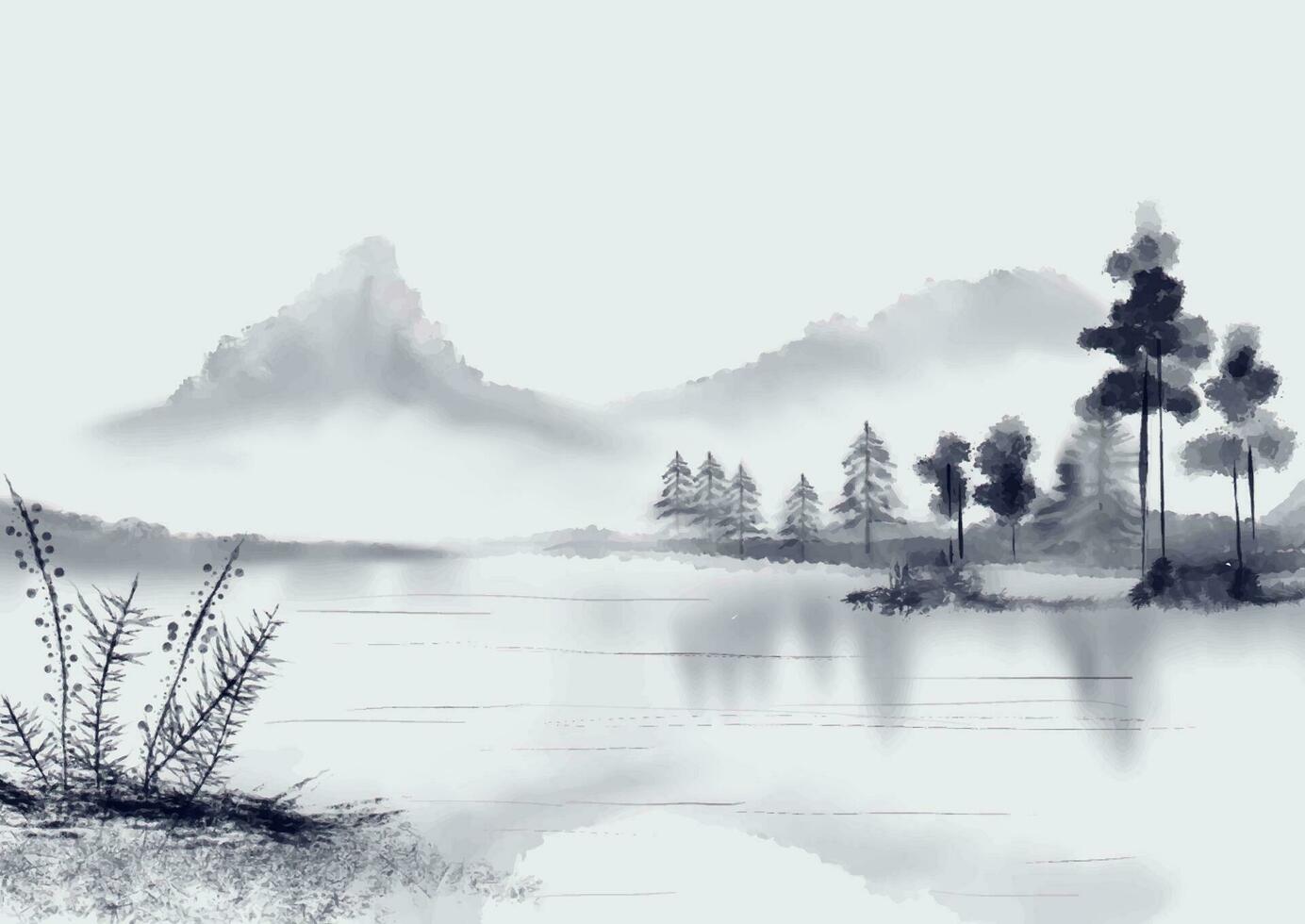 Abstract hand painted minimal landscape in Japanese ink wash style vector