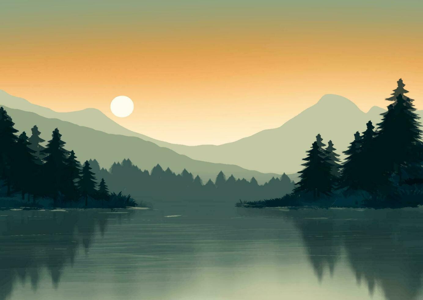 hand painted sunset mountain and trees landscape vector