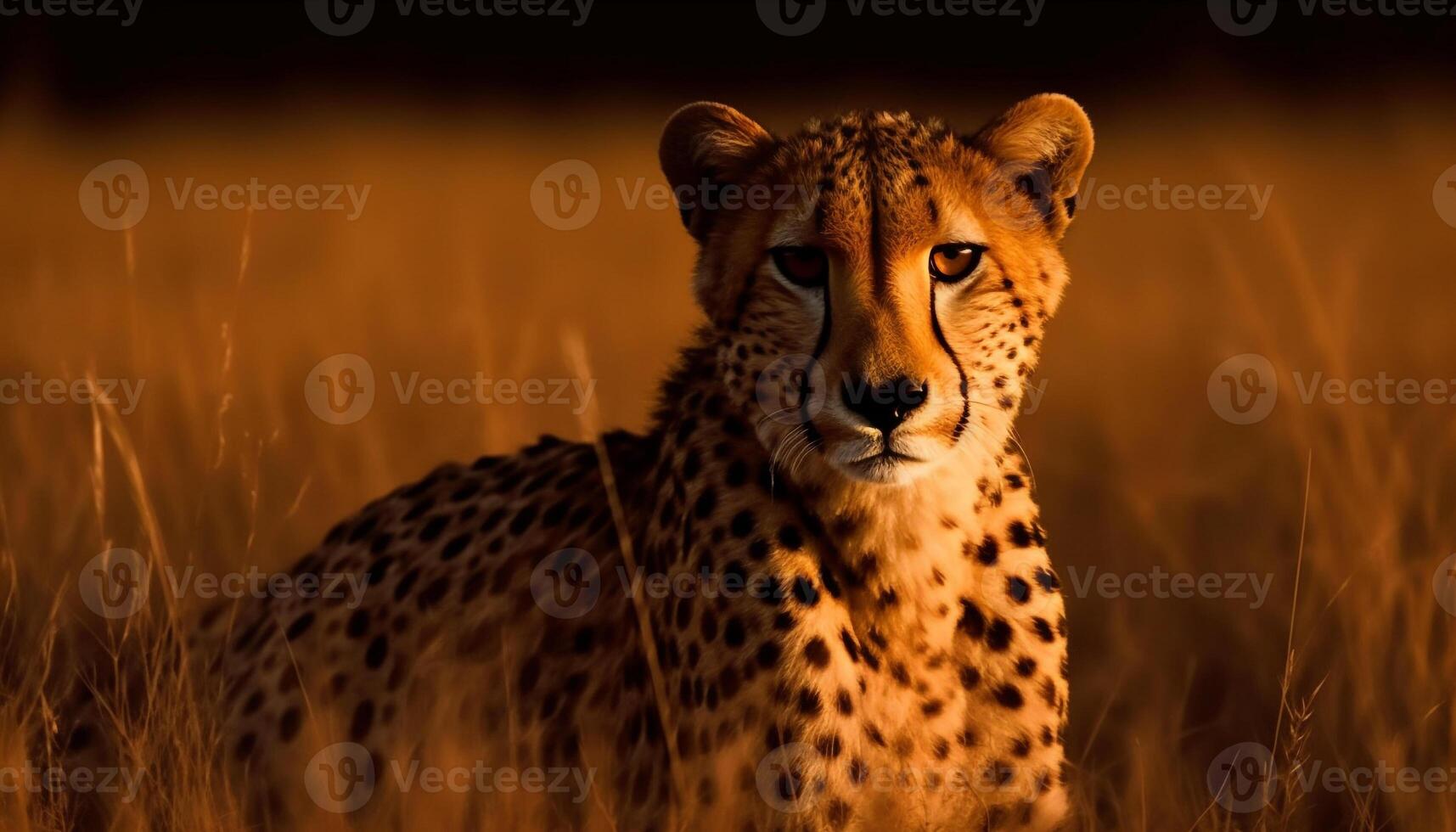 Majestic cheetah walks through the savannah, staring into sunset generated by AI photo