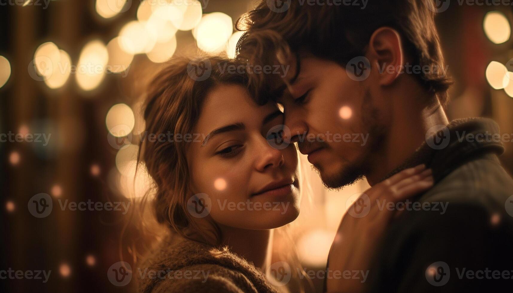A young couple embraces under the winter night illuminated beauty generated by AI photo