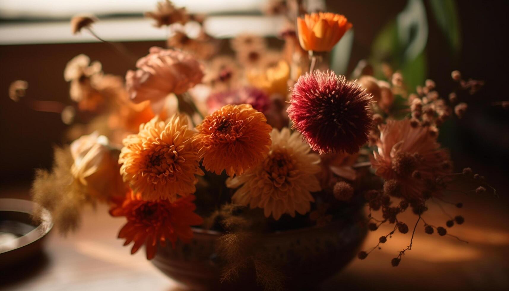 Fresh bouquet of multi colored wildflowers brings beauty to table decor generated by AI photo