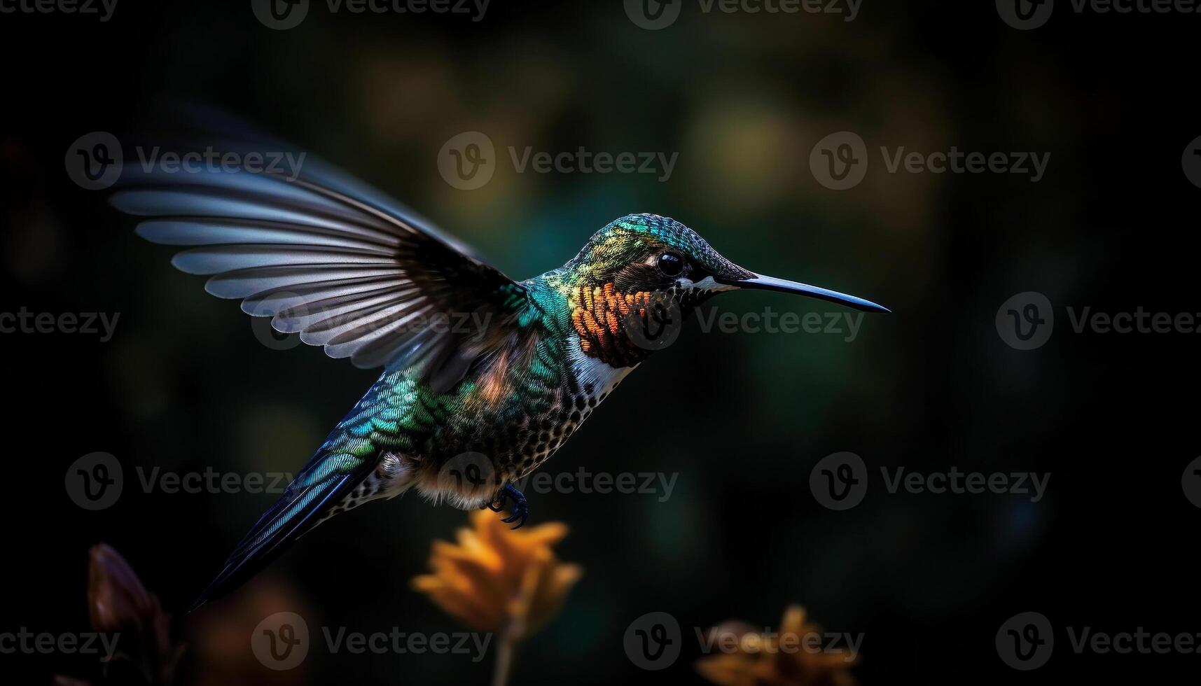 Vibrant hummingbird hovers mid air, pollinating flowers in tropical forest generated by AI photo