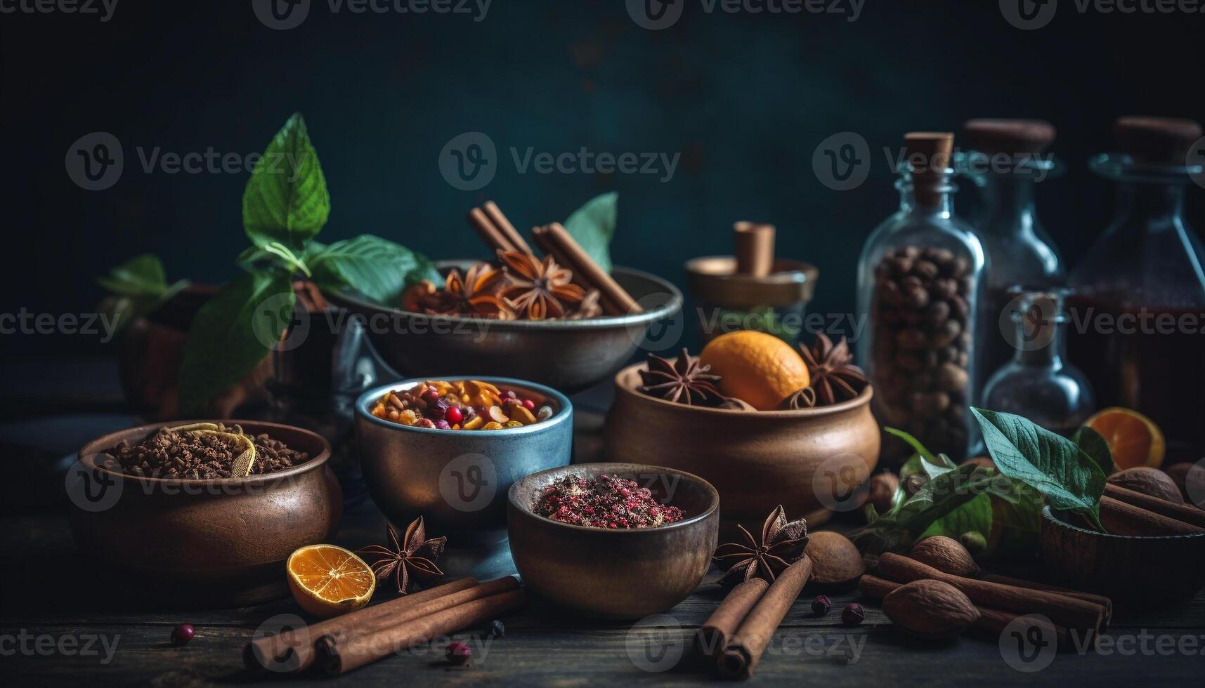 Rustic bowl of fresh organic fruit with scented star anise generated by AI photo
