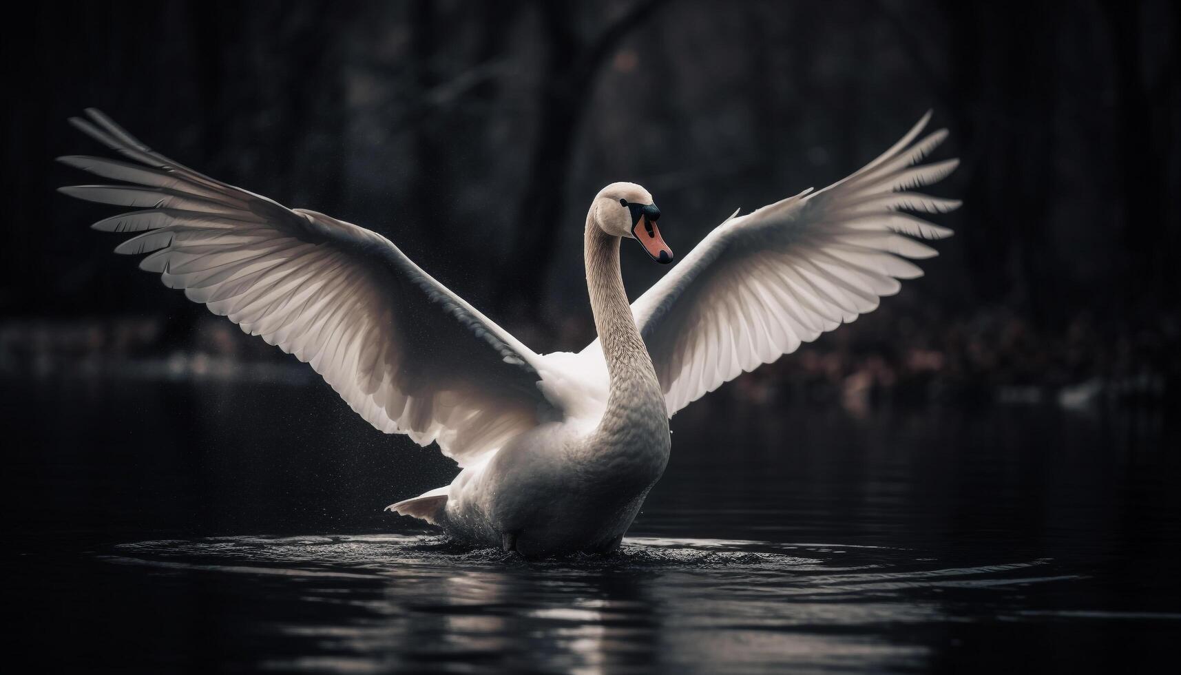 The elegant mute swan spreads its wings in tranquil reflection generated by AI photo