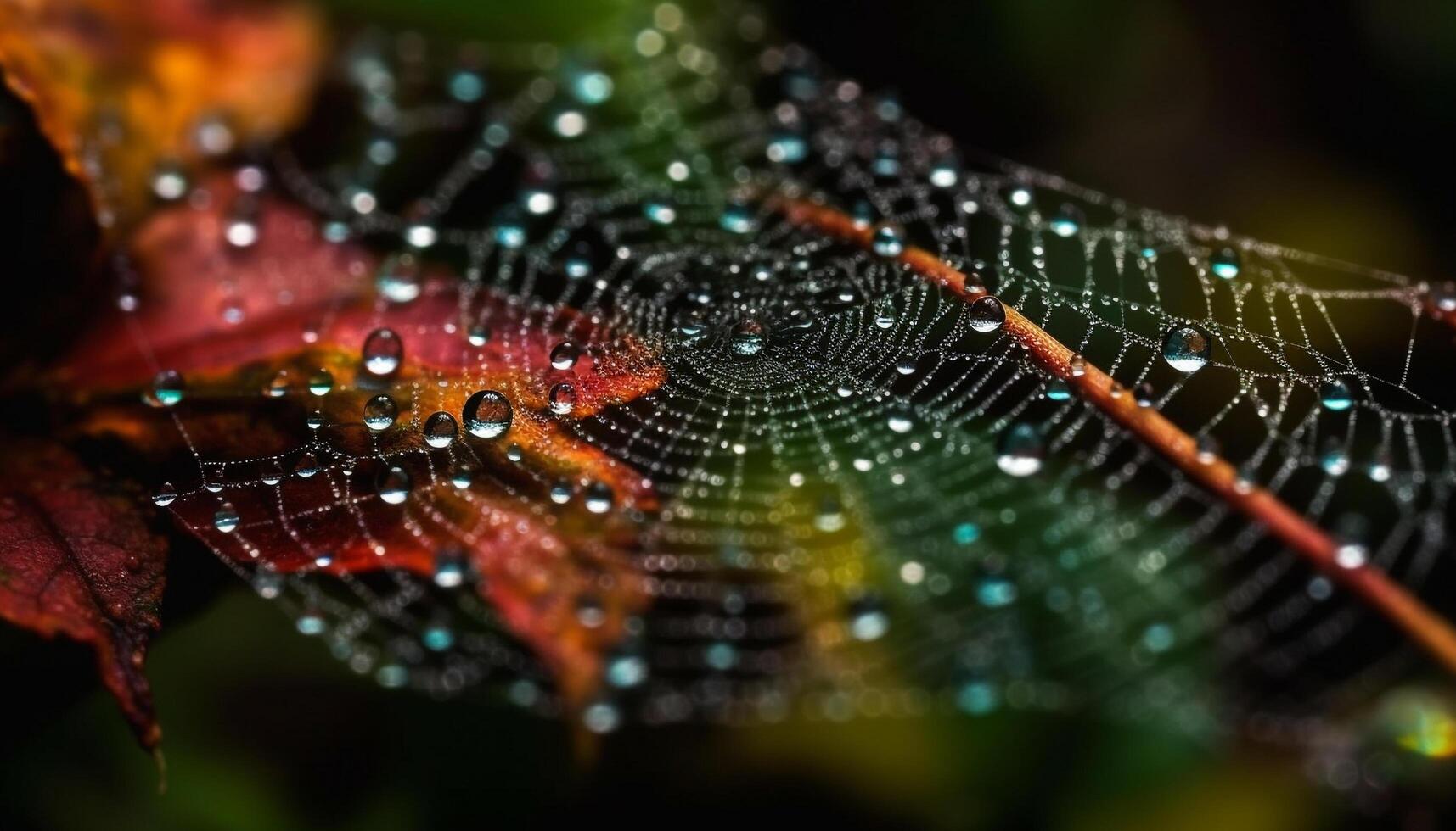 Autumn dew drops on spider web, nature intricate design generated by AI photo