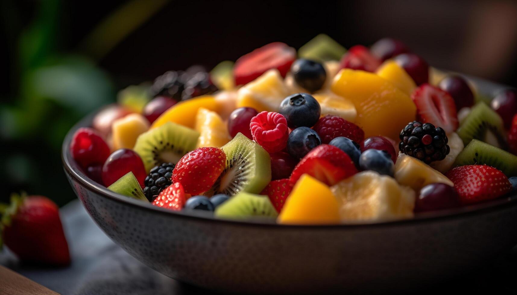 A rustic fruit salad bowl with multi colored berries and kiwi generated by AI photo