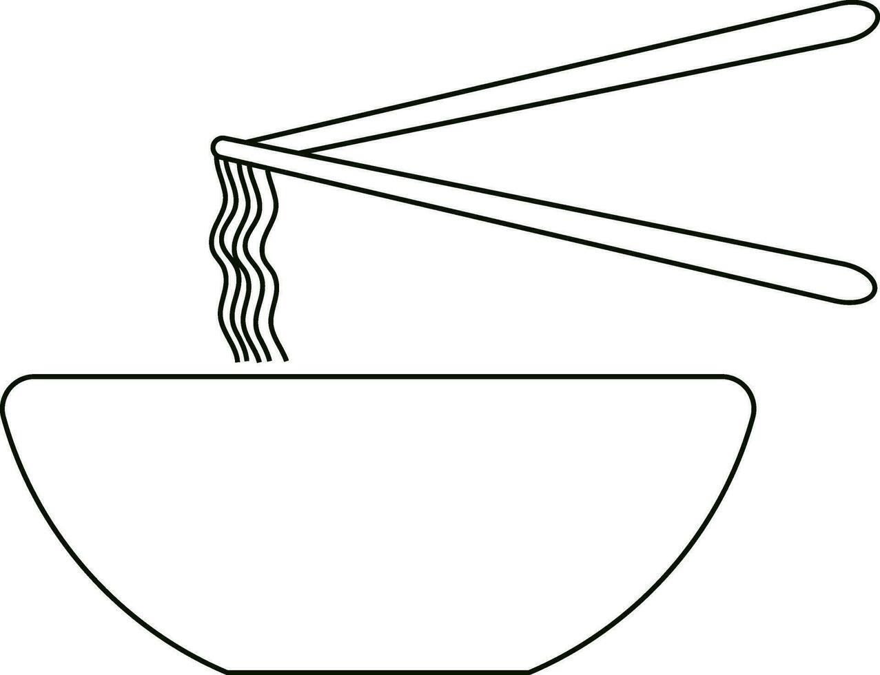 Black line art noodles in bowl with chopsticks. vector