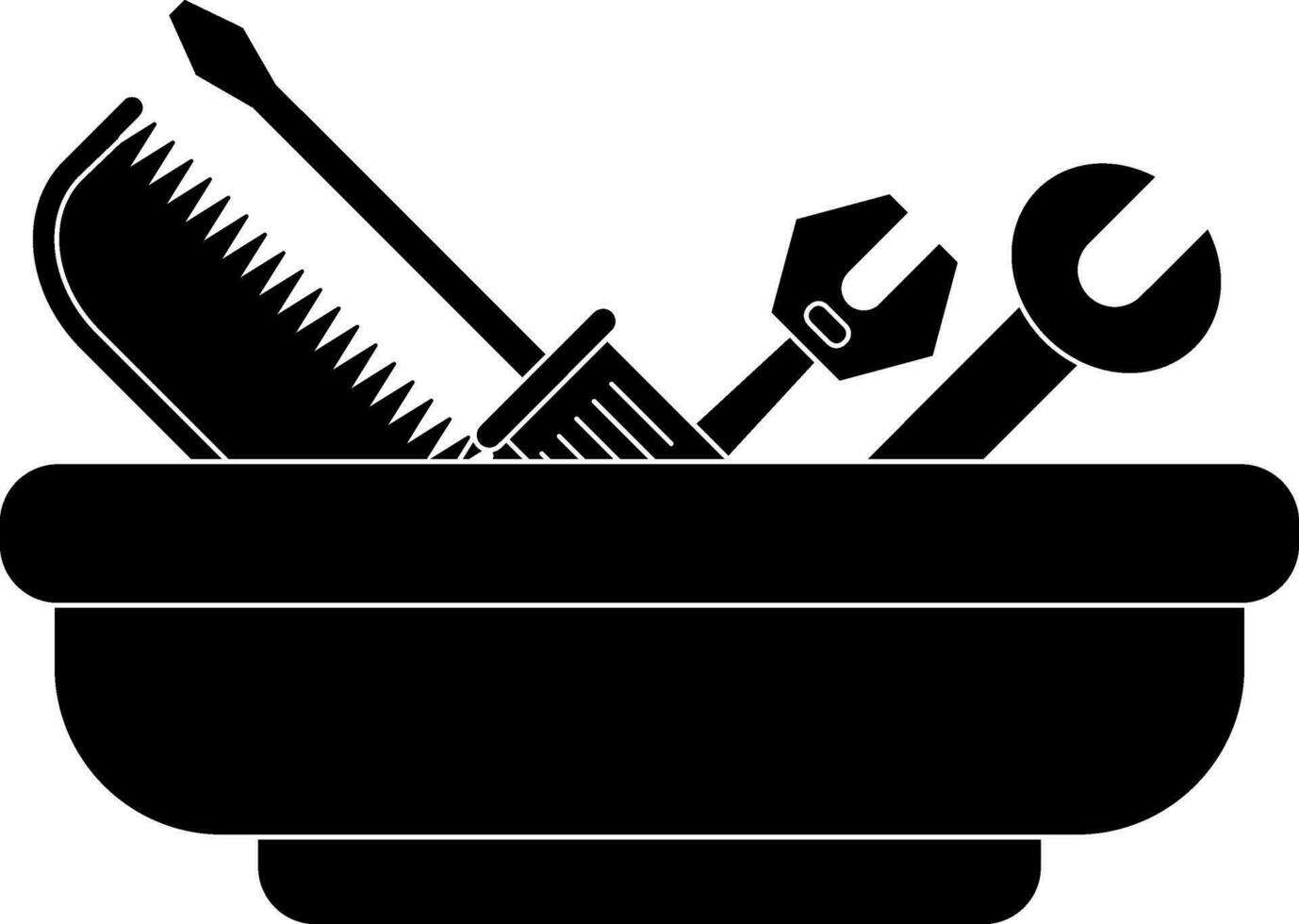 BW wrench, hacksaw with screwdriver in tub. vector