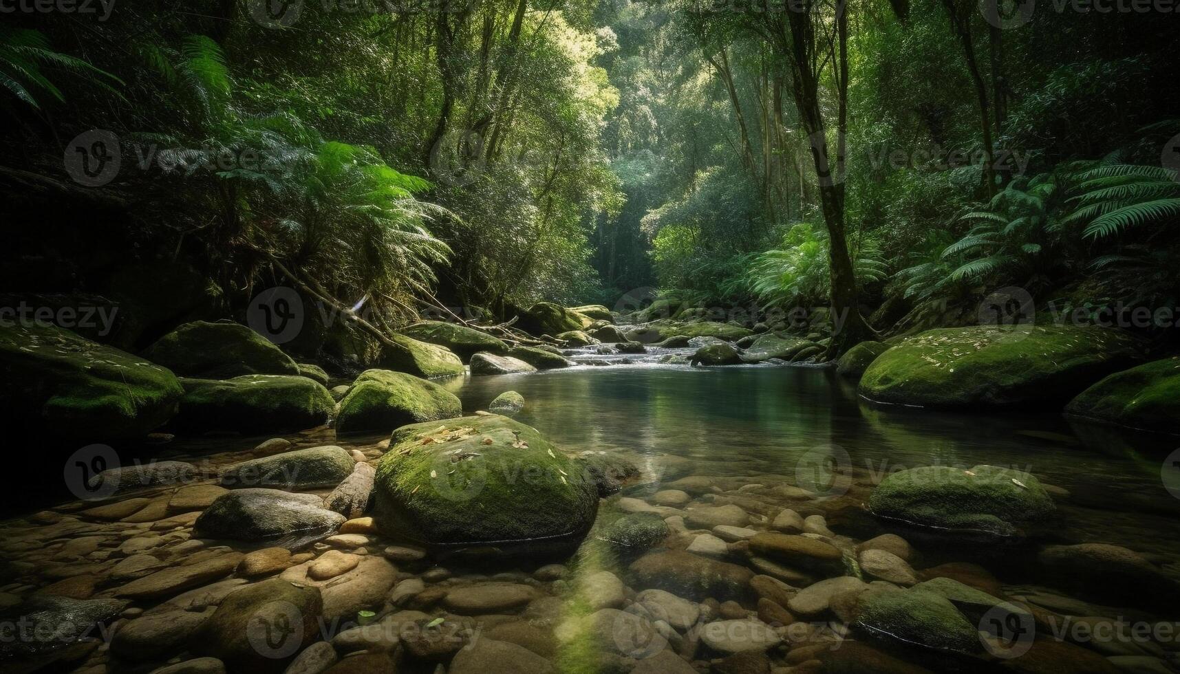 A tranquil scene in a tropical rainforest with flowing water generated by AI photo