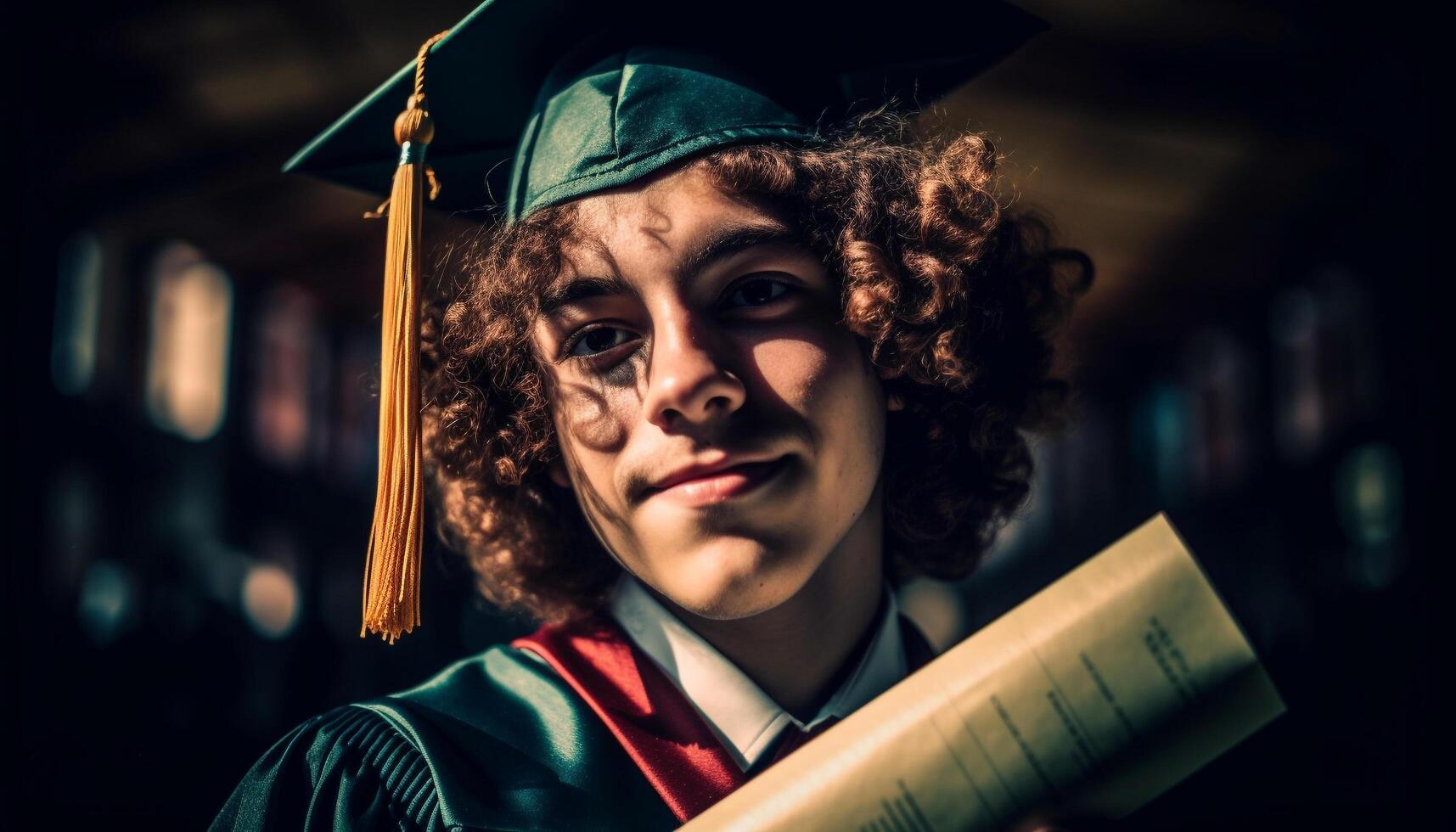 Achievement unlocked Graduation success for one smiling student holding diploma generated by AI photo