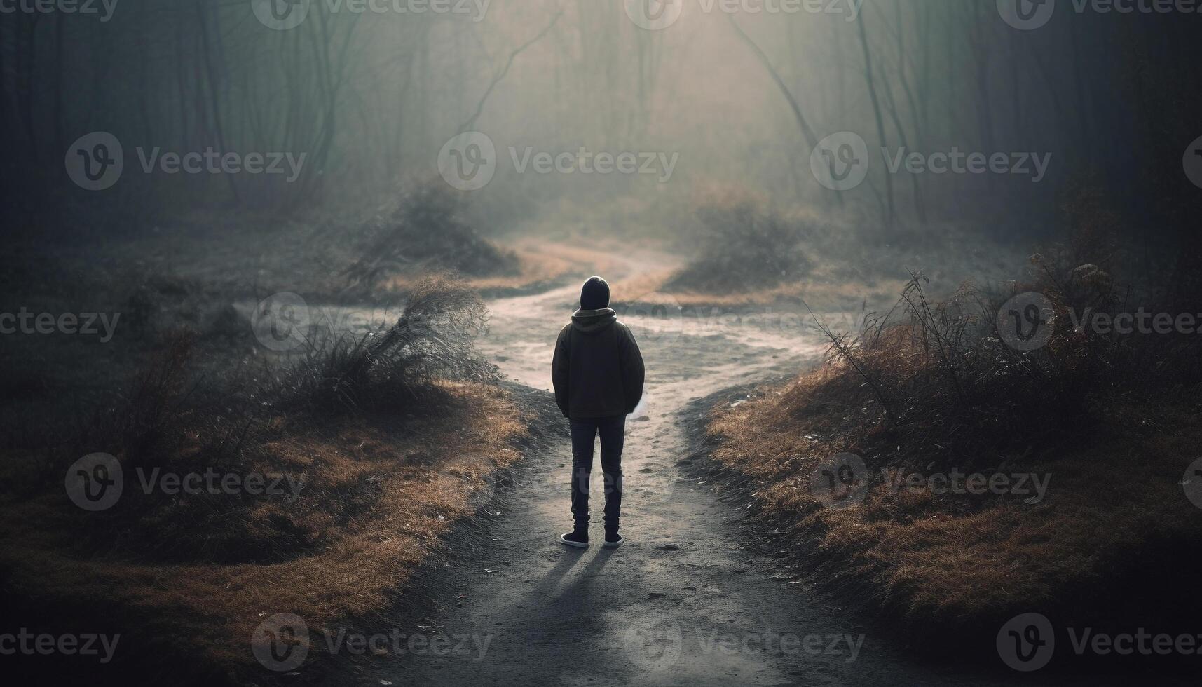 One person walking in foggy forest, a mysterious autumn adventure generated by AI photo