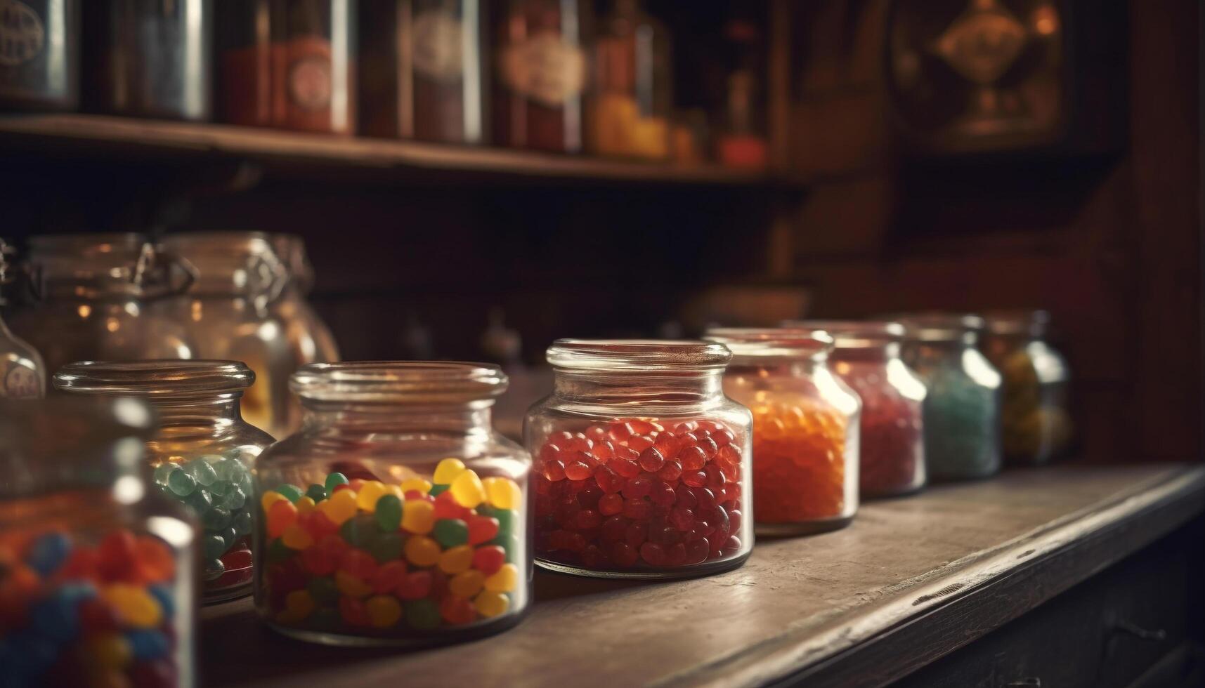un dulce caramelo tarro colección en un fila en estante generado por ai foto