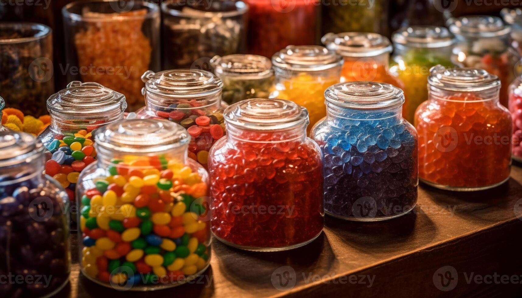 un vibrante colección de multi de colores caramelo en un vaso tarro generado por ai foto