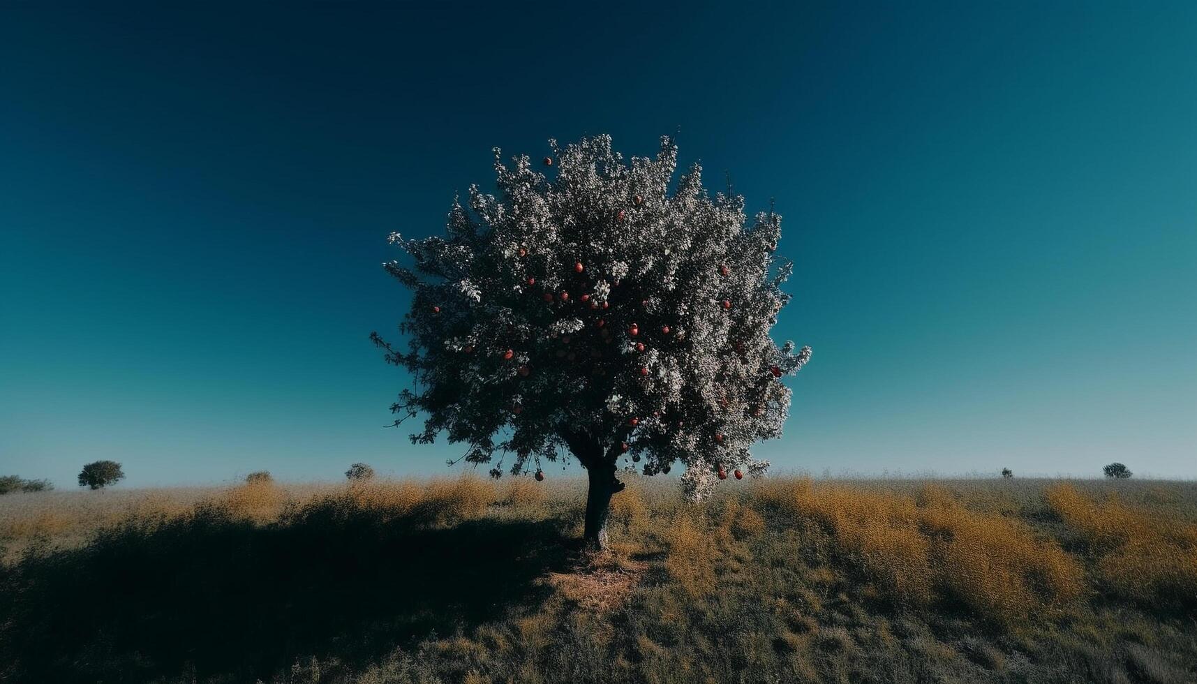 The tranquil scene of a rural meadow at sunset generated by AI photo