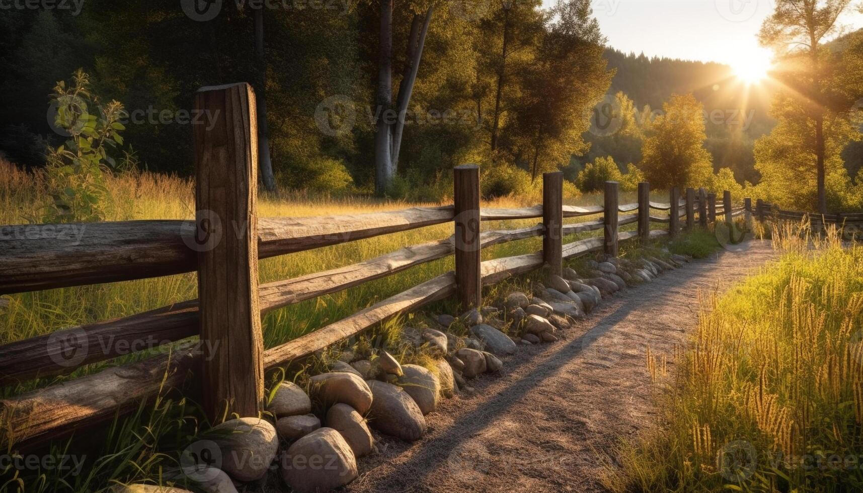 Tranquil sunset over rustic meadow, idyllic autumn landscape foreground focus generated by AI photo