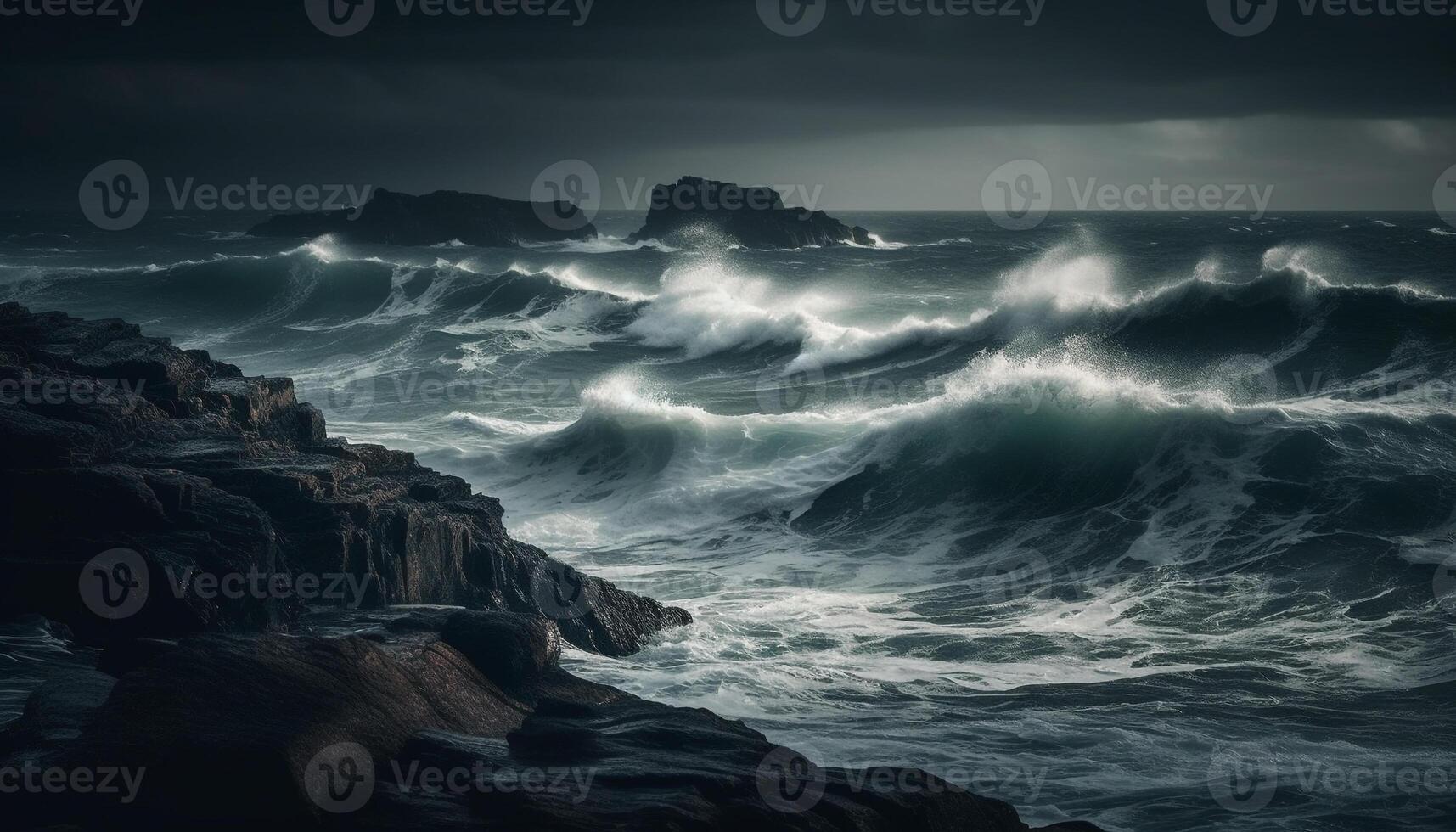 Breaking waves crash against dark cliffs, dramatic sky overhead generated by AI photo