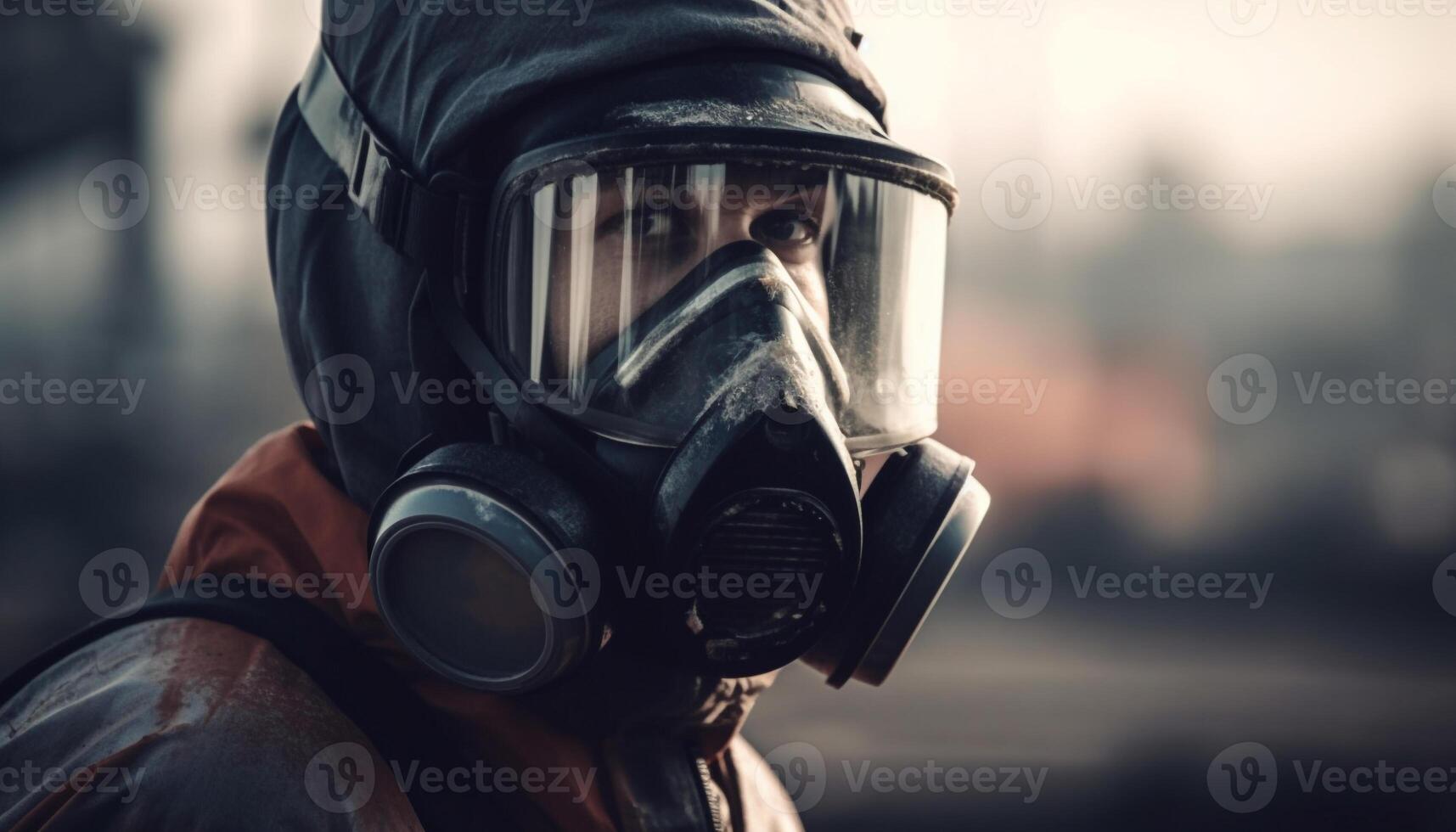 One man, armed forces, war, gas mask, pollution, danger generated by AI photo