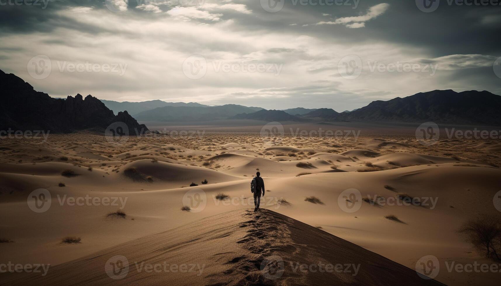 One person hiking on extreme terrain, enjoying tranquil mountain scenery generated by AI photo