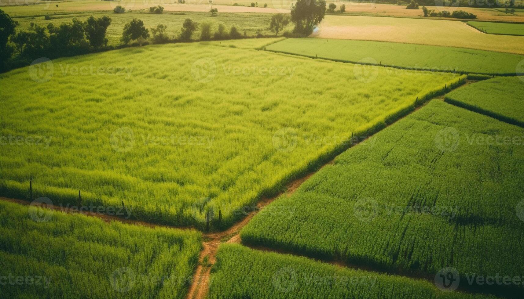 Harvesting wheat on idyllic farm, panoramic view of rolling landscape generated by AI photo