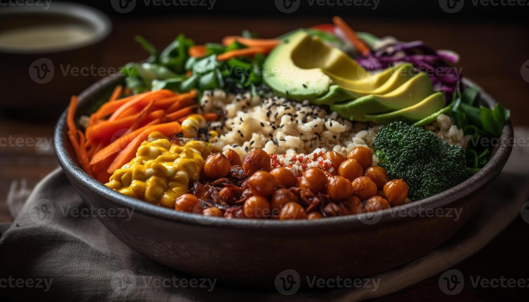 A rustic bowl of homemade vegetarian quinoa salad with vegetables generated by AI photo