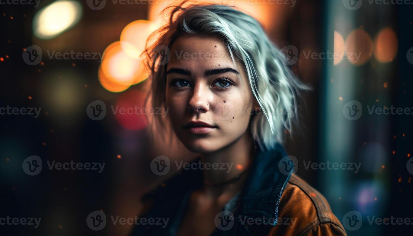 One beautiful young woman, illuminated by street light, smiling confidently generated by AI photo