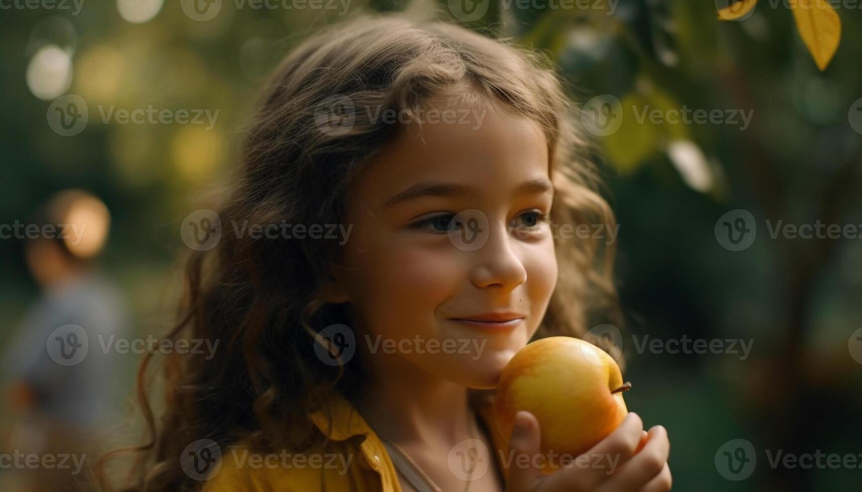 un despreocupado niña disfrutando Fresco manzana en naturaleza belleza generado por ai foto