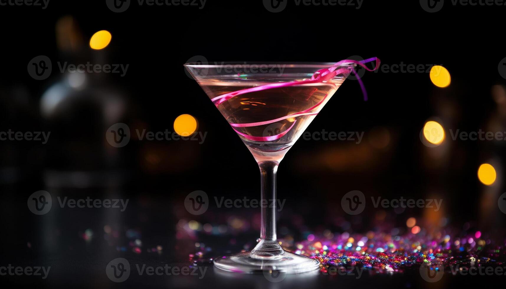 Martini glass reflects multi colored nightlife celebration at illuminated bar generated by AI photo
