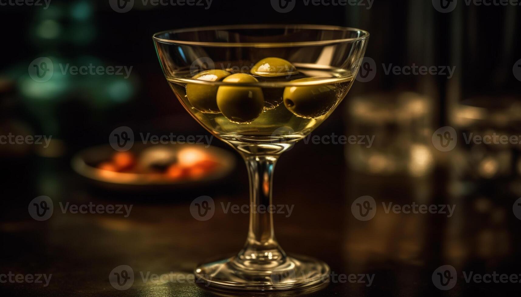 A luxurious martini glass reflects the dark, elegant bar scene generated by AI photo