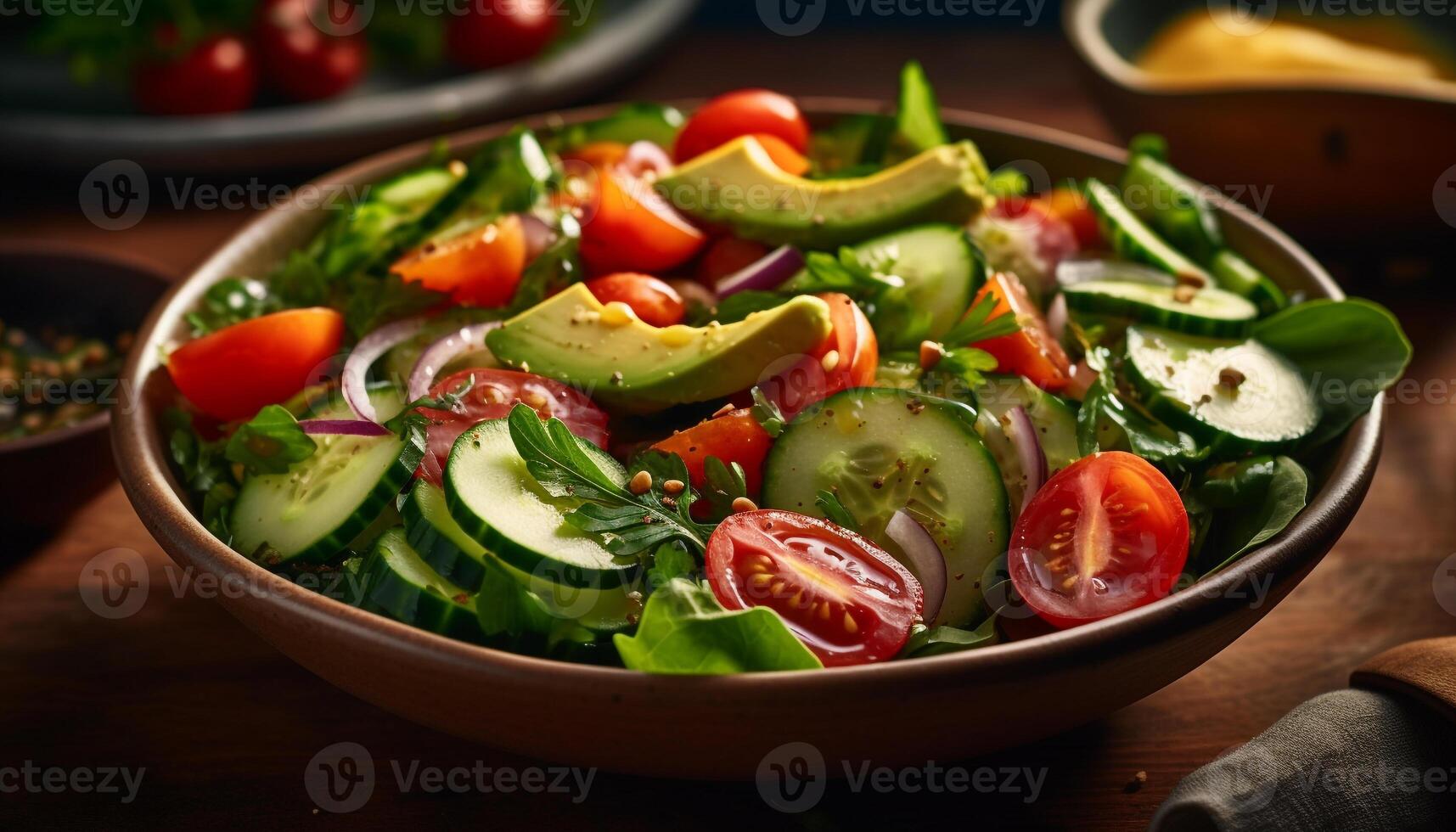 Fresh gourmet salad with organic vegetables, ripe cherry tomatoes, and mozzarella generated by AI photo