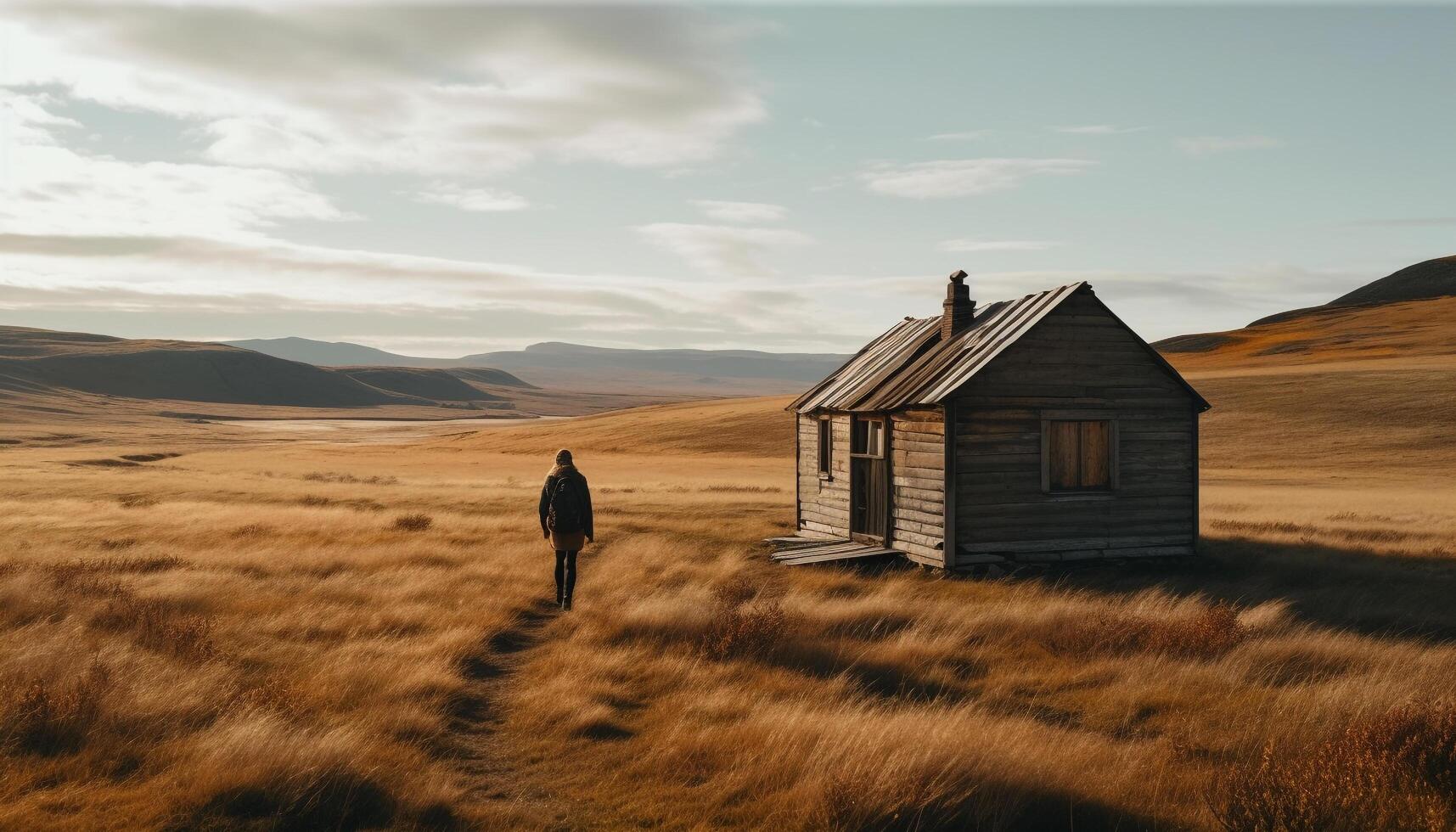 One person standing, walking in solitude, exploring serene mountain landscape generated by AI photo
