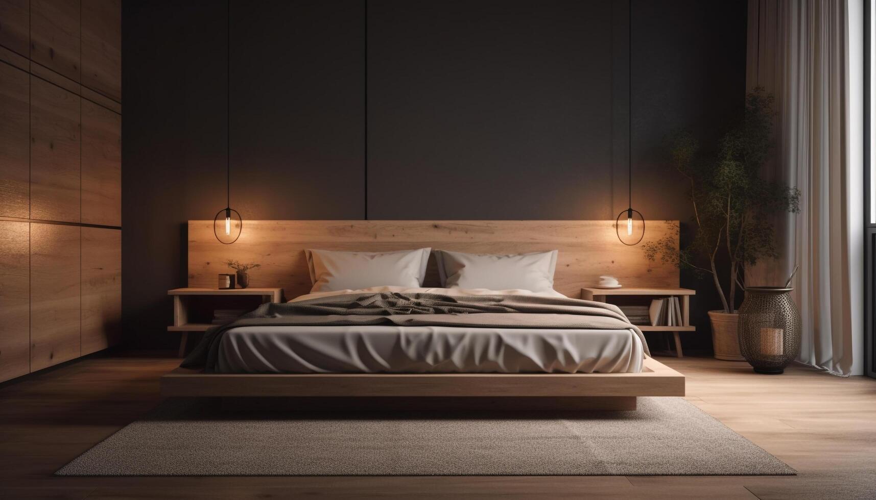 moderno lujo hotel suite cómodo lecho, elegante diseño, iluminado con natural ligero generado por ai foto