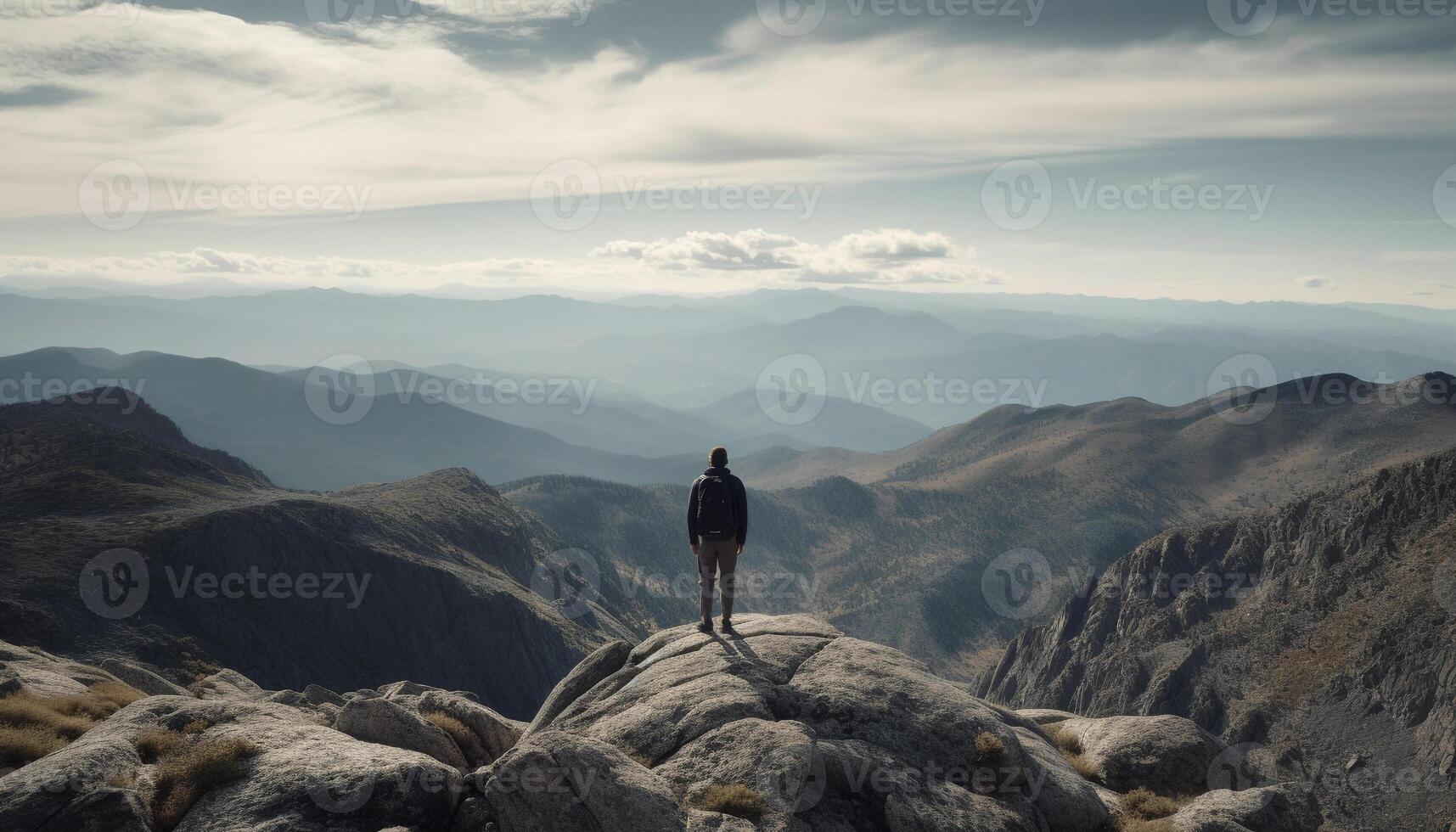 en pie en montaña cima, uno persona logra aventuras y éxito generado por ai foto