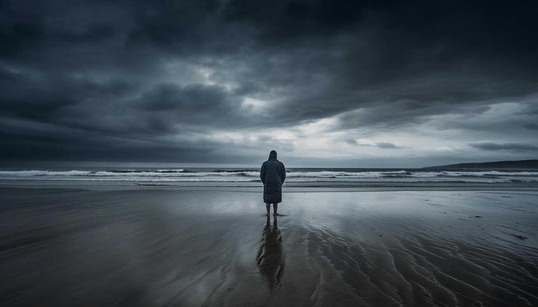 A serene silhouette standing on the coastline, reflecting on solitude generated by AI photo