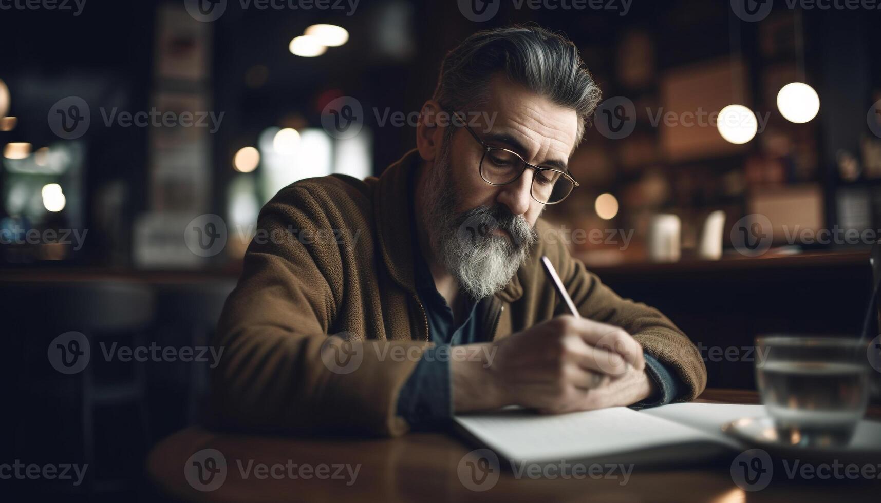 The mature businessman, holding coffee, reads with serious concentration indoors generated by AI photo