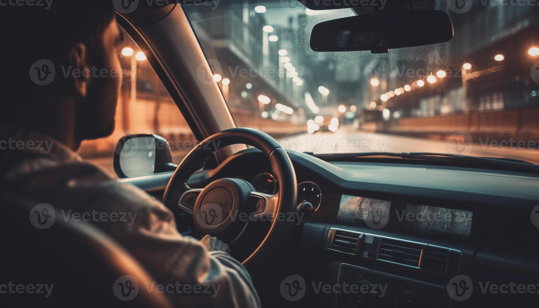 Driving through city life at dusk, holding the steering wheel generated by AI photo