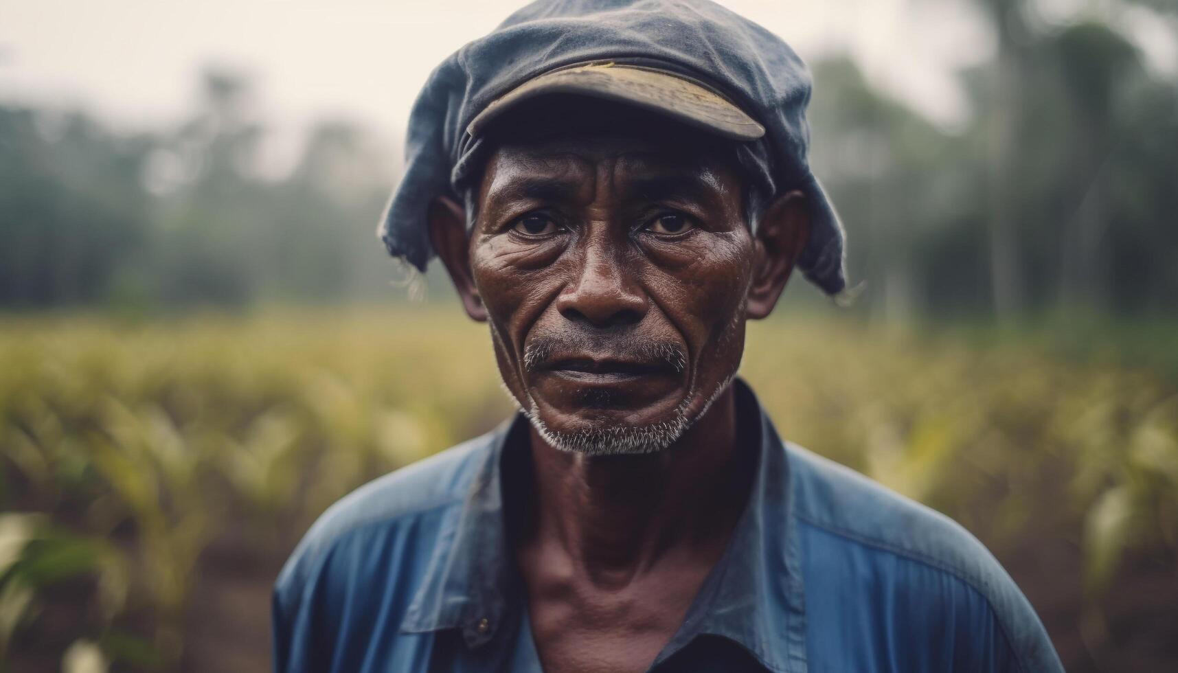 Serious farmer in traditional clothing stands in rural summer poverty generated by AI photo