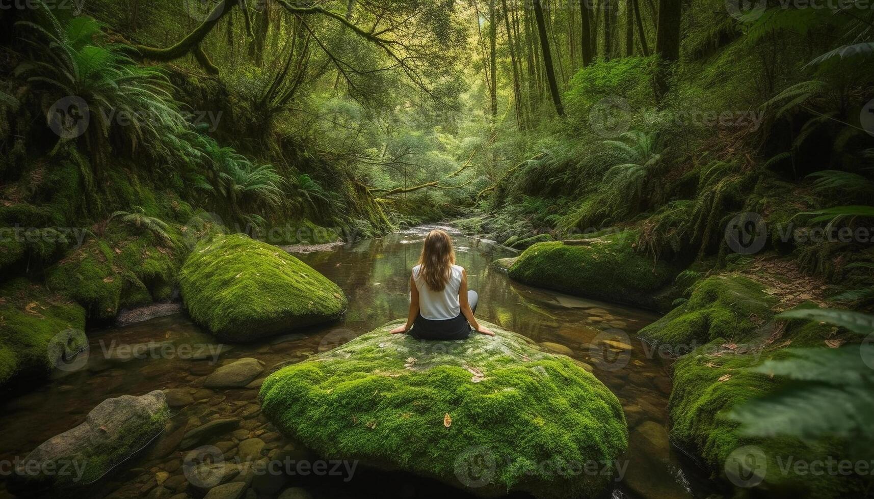 One woman meditates on a cliff, surrounded by tranquil nature generated by AI photo
