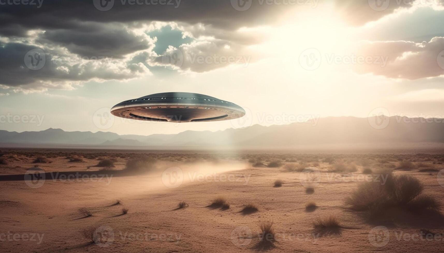 The futuristic spaceship hovered over the sand dunes at sunset generated by AI photo