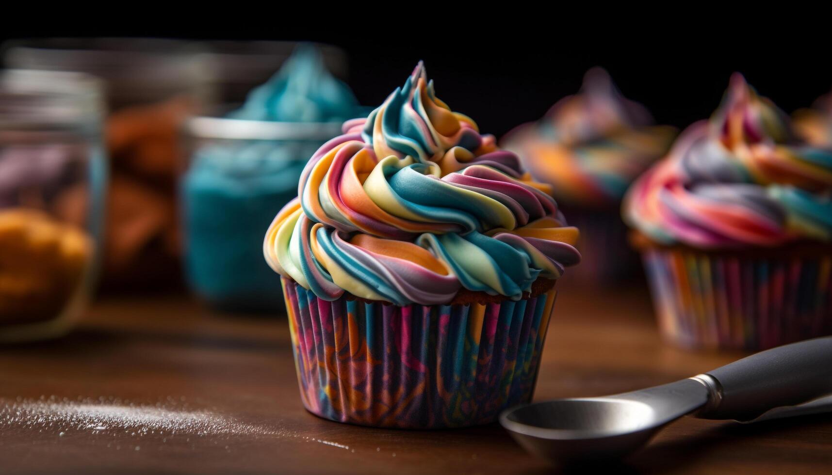 A homemade cupcake with multi colored icing and chocolate decoration generated by AI photo